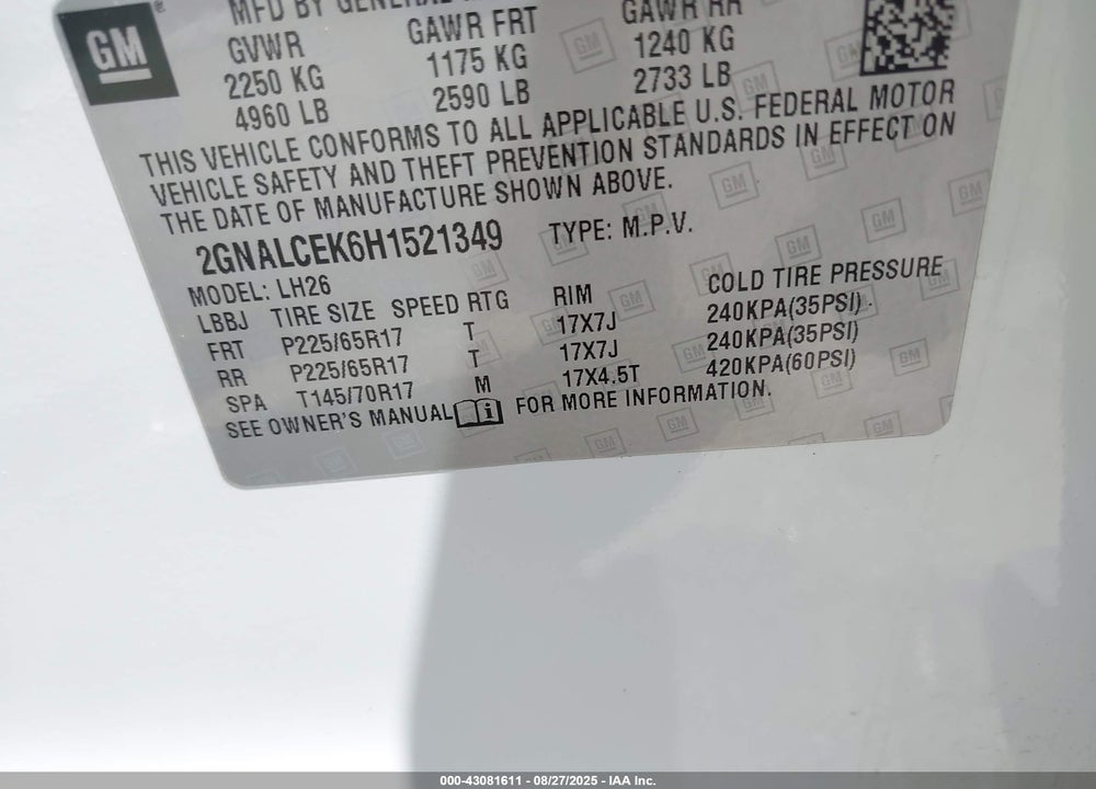 2017 CHEVROLET EQUINOX VIN: 2GNALCEK6H1521349