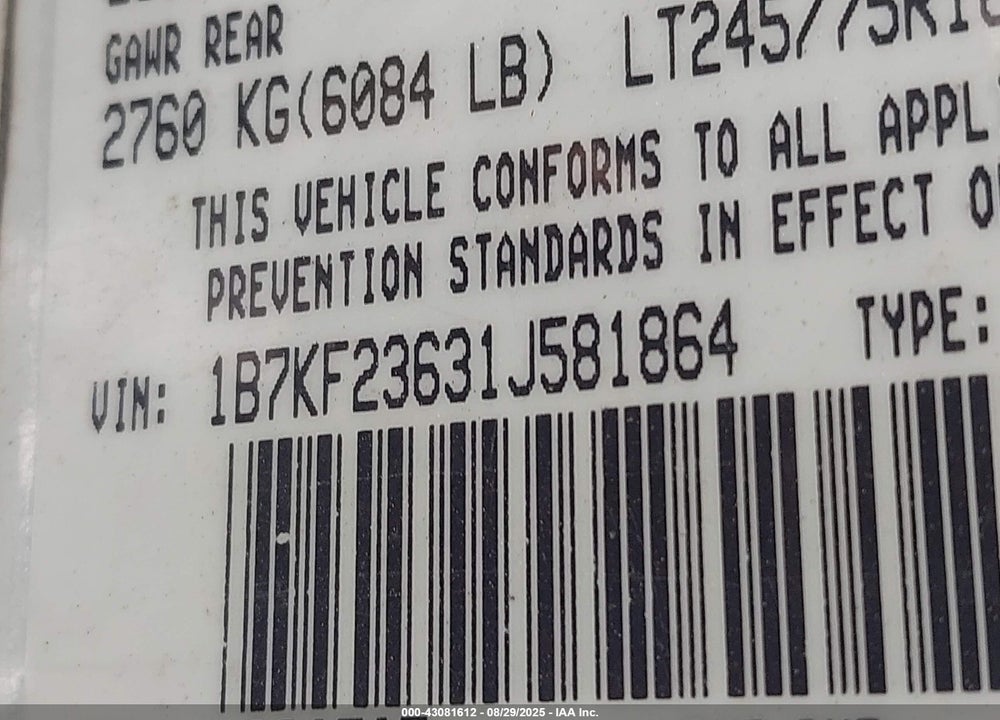 2001 DODGE RAM 2500 ST VIN: 1B7KF23631J581864