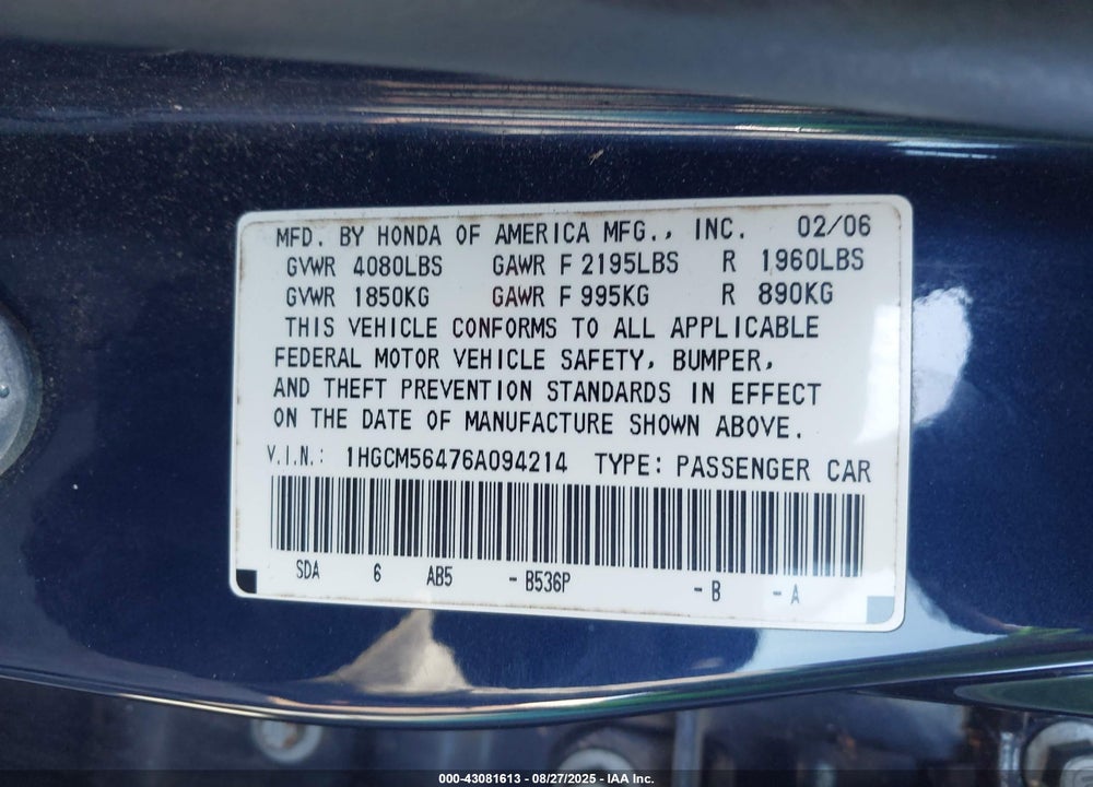 2006 HONDA ACCORD 2.4 LX VIN: 1HGCM56476A094214