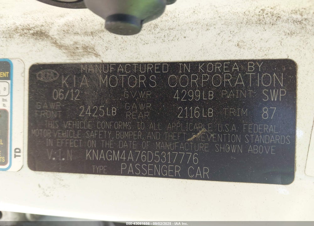 2013 KIA OPTIMA VIN: KNAGM4A76D5317776