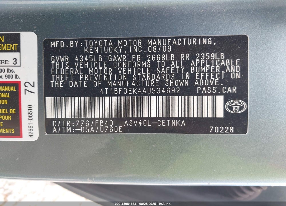 2010 TOYOTA CAMRY VIN: 4T1BF3EK4AU534692