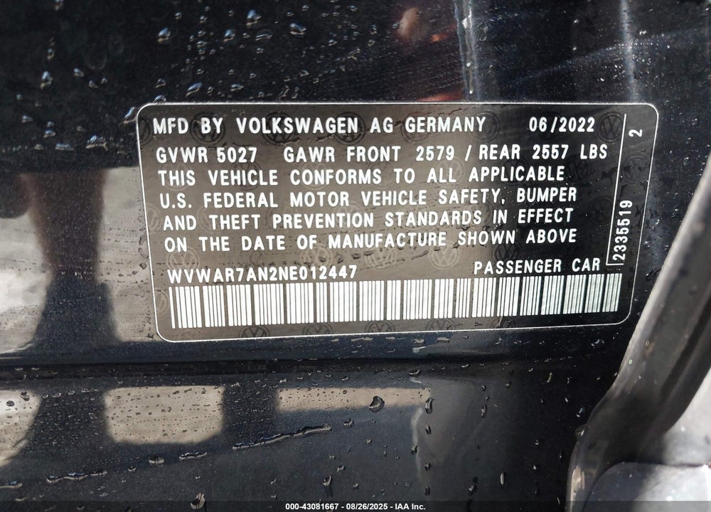 2022 VOLKSWAGEN ARTEON VIN: WVWAR7AN2NE012447