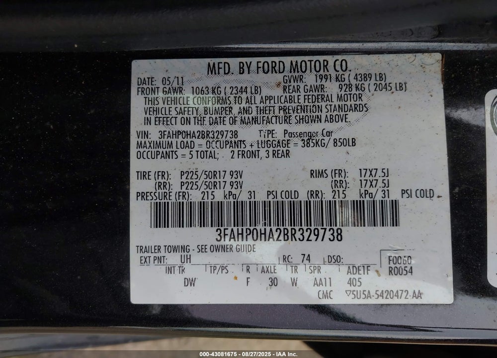 2011 FORD FUSION VIN: 3FAHP0HA2BR329738