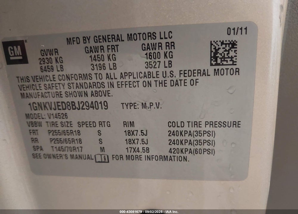 2011 CHEVROLET TRAVERSE VIN: 1GNKVJED8BJ294019
