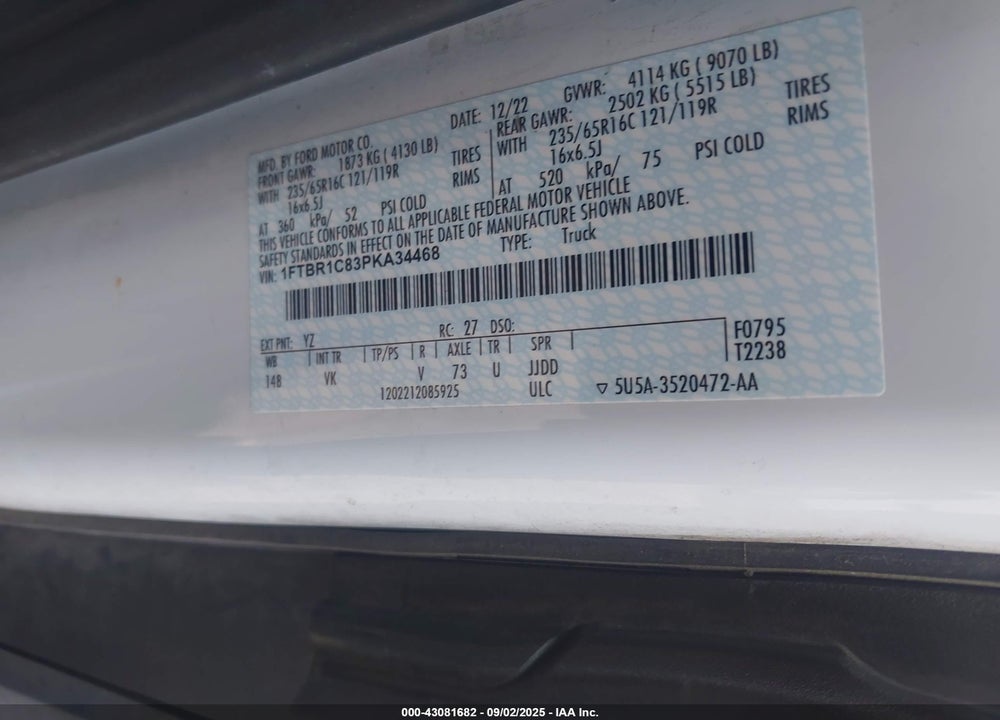 2023 FORD TRANSIT-250 VIN: 1FTBR1C83PKA34468