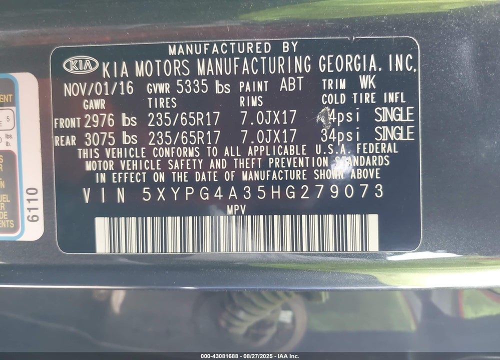 2017 KIA SORENTO 2.4L LX VIN: 5XYPG4A35HG279073
