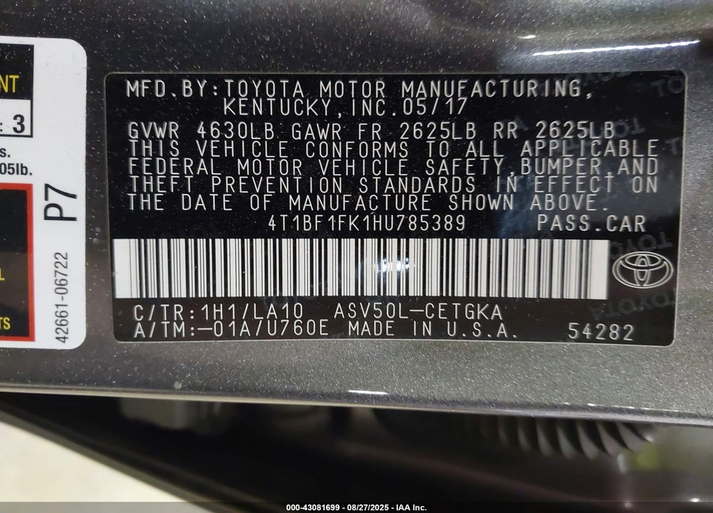 2017 TOYOTA CAMRY VIN: 4T1BF1FK1HU785389