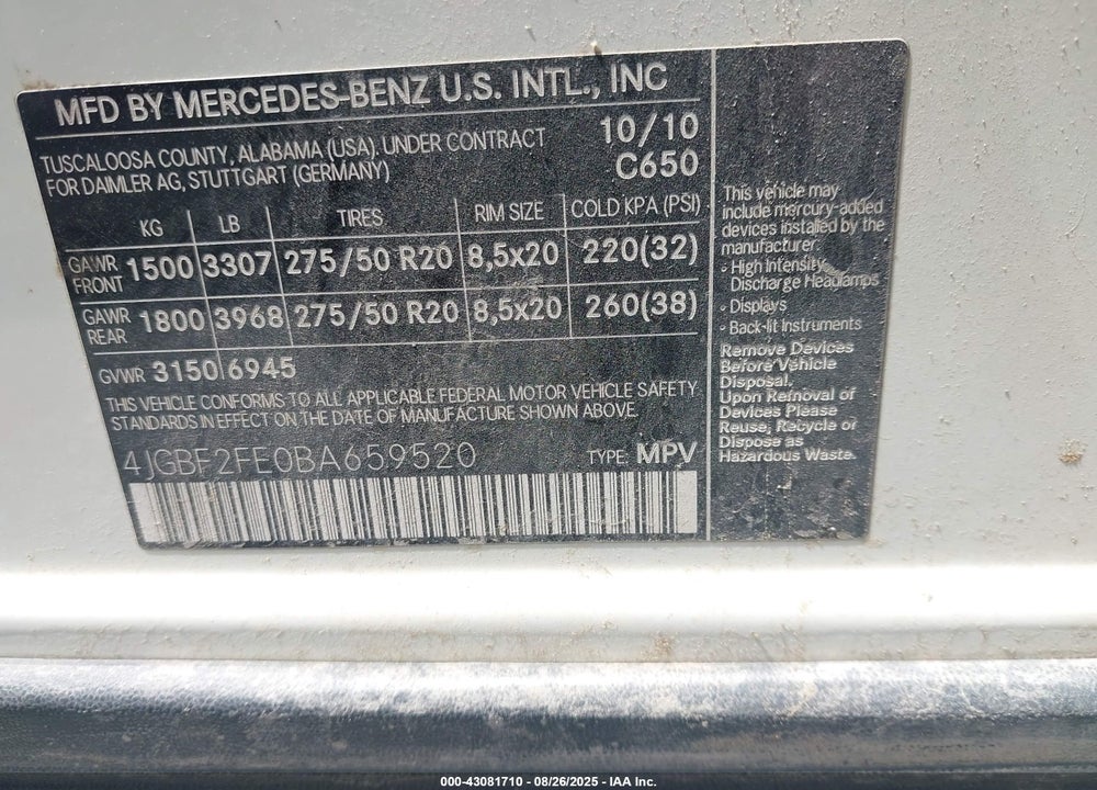 2011 MERCEDES-BENZ GL-CLASS VIN: 4JGBF2FE0BA659520