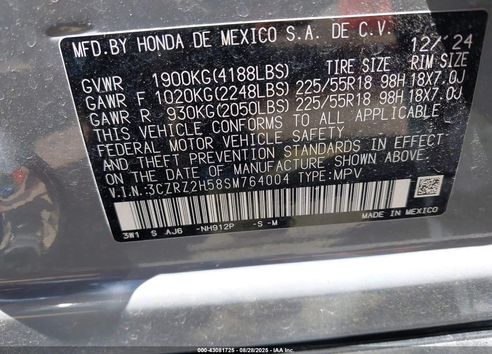 2025 HONDA HR-V VIN: 3CZRZ2H58SM764004