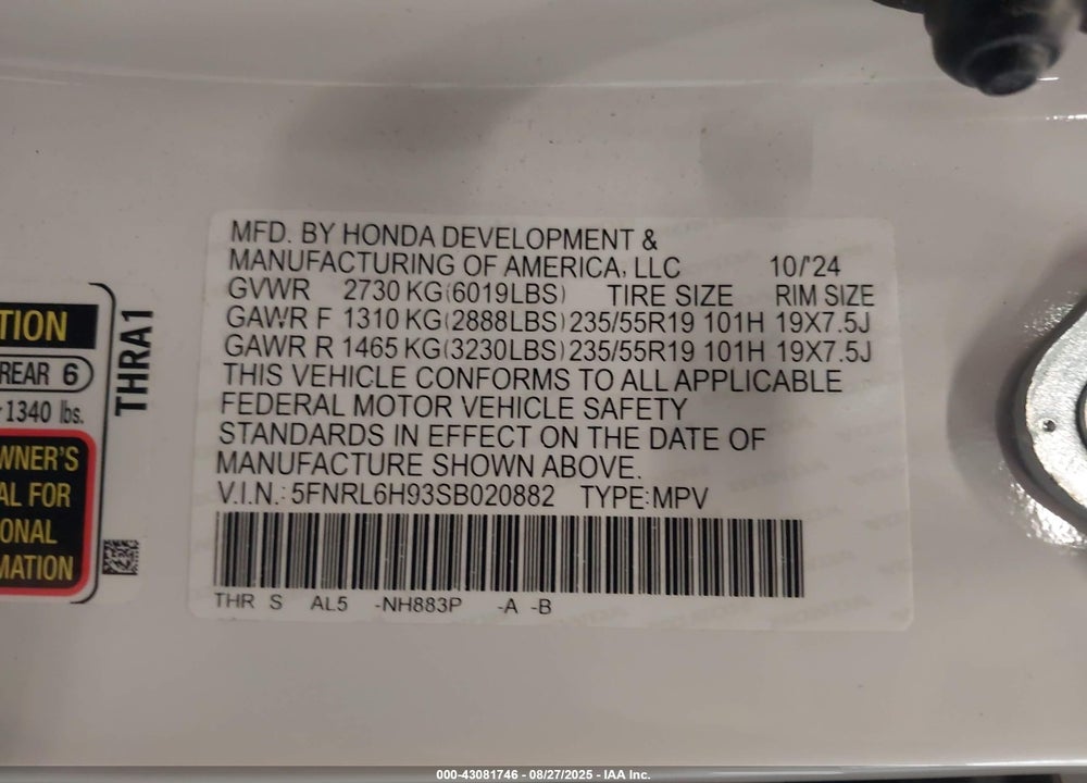 2025 HONDA ODYSSEY ELITE VIN: 5FNRL6H93SB020882