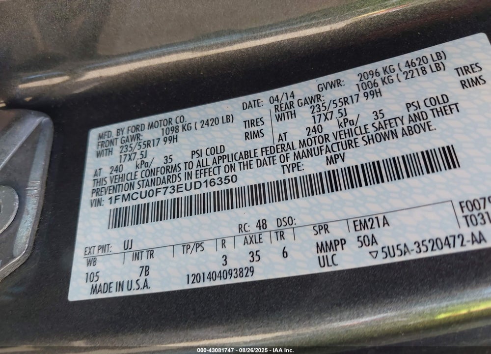 2014 FORD ESCAPE VIN: 1FMCU0F73EUD16350