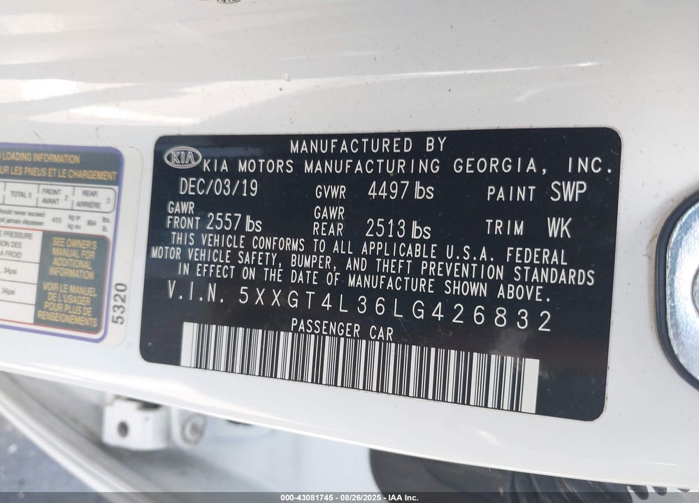2020 KIA OPTIMA SE VIN: 5XXGT4L36LG426832