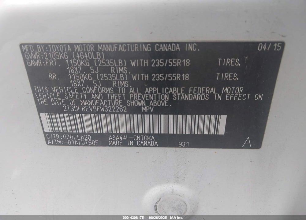 2015 TOYOTA RAV4 VIN: 2T3DFREV9FW322262