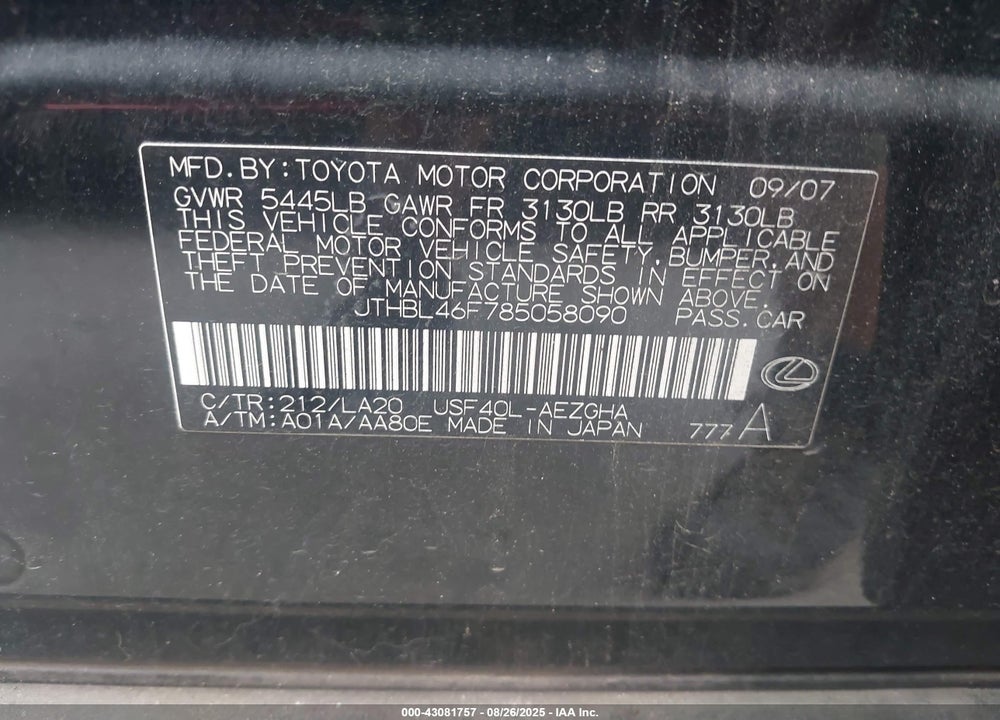 2008 LEXUS LS 460 VIN: JTHBL46F785058090