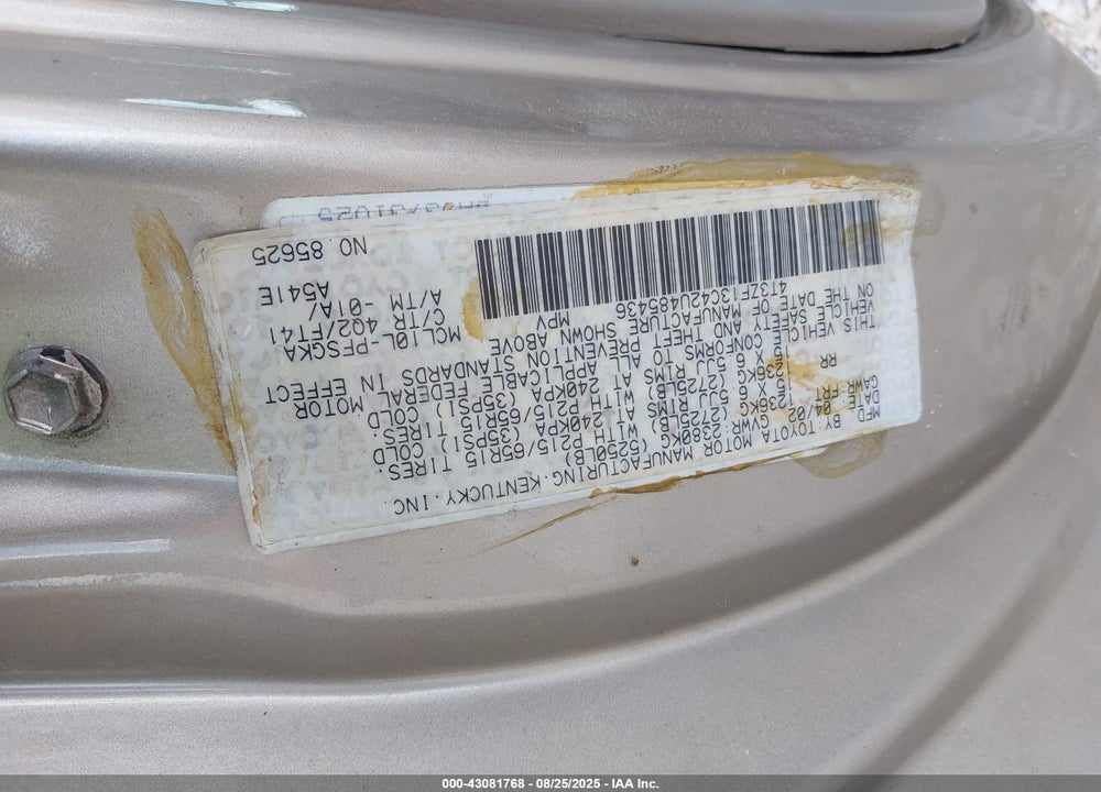 2002 TOYOTA SIENNA LE VIN: 4T3ZF13C42U485436