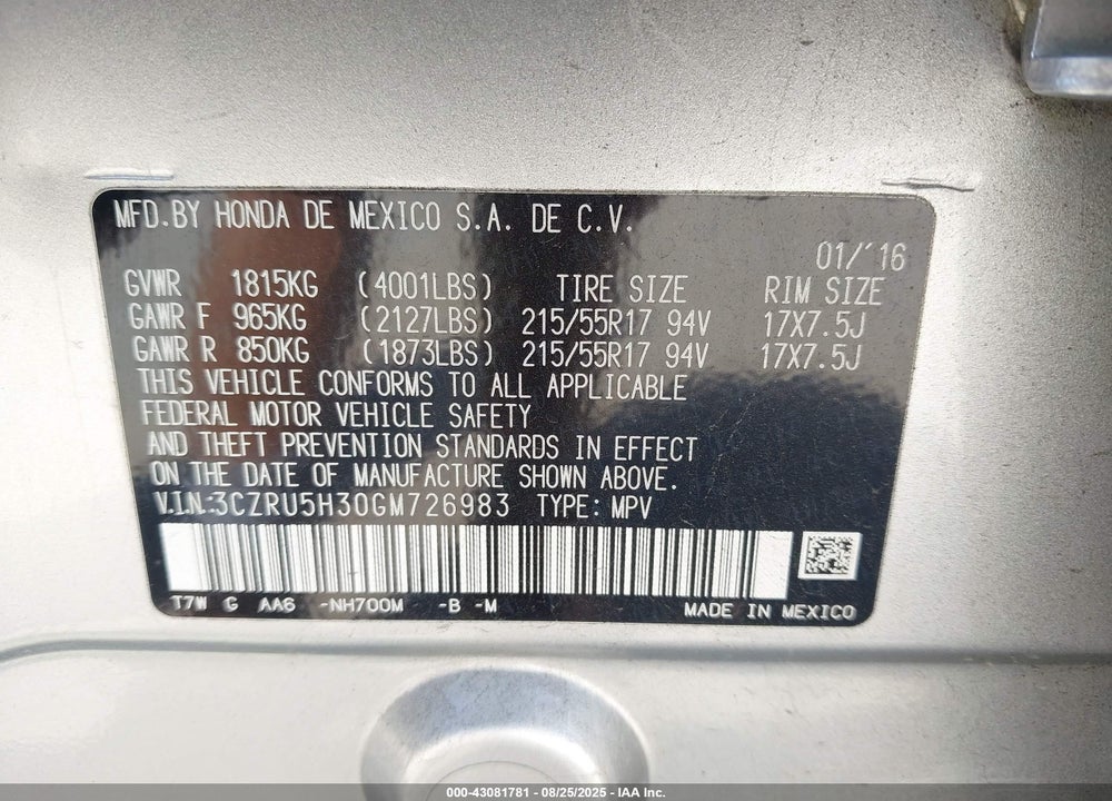 2016 HONDA HR-V LX VIN: 3CZRU5H30GM726983