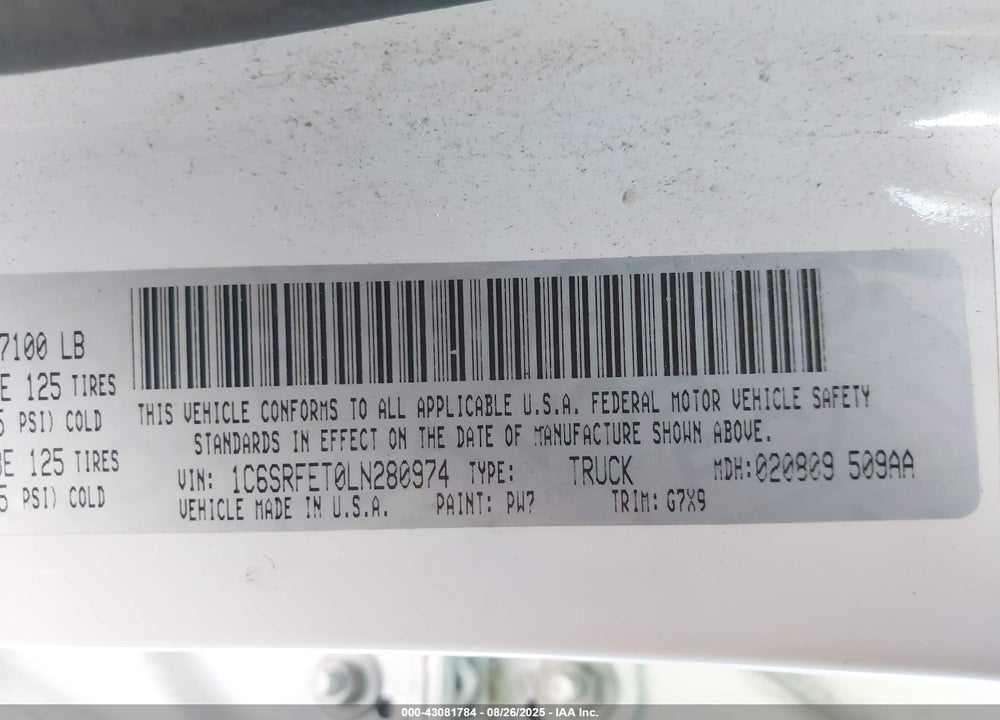 2020 RAM 1500 REBEL  4X4 6'4 BOX VIN: 1C6SRFET0LN280974
