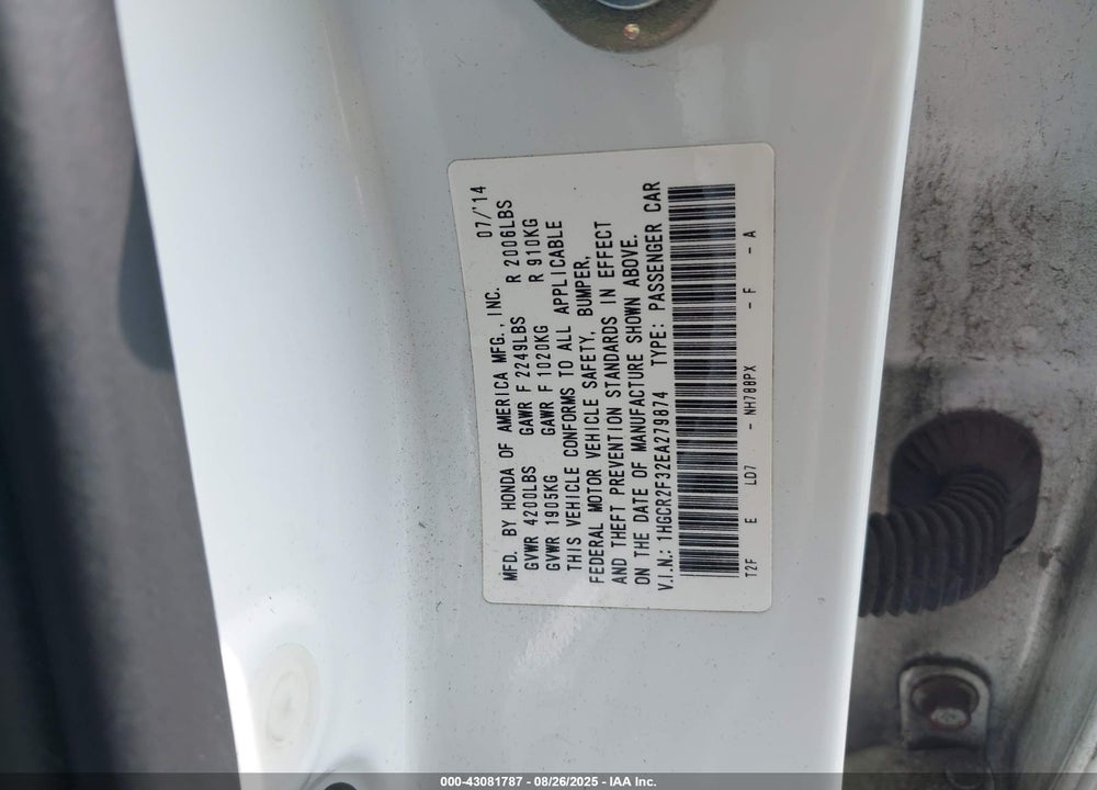 2014 HONDA ACCORD VIN: 1HGCR2F32EA279874