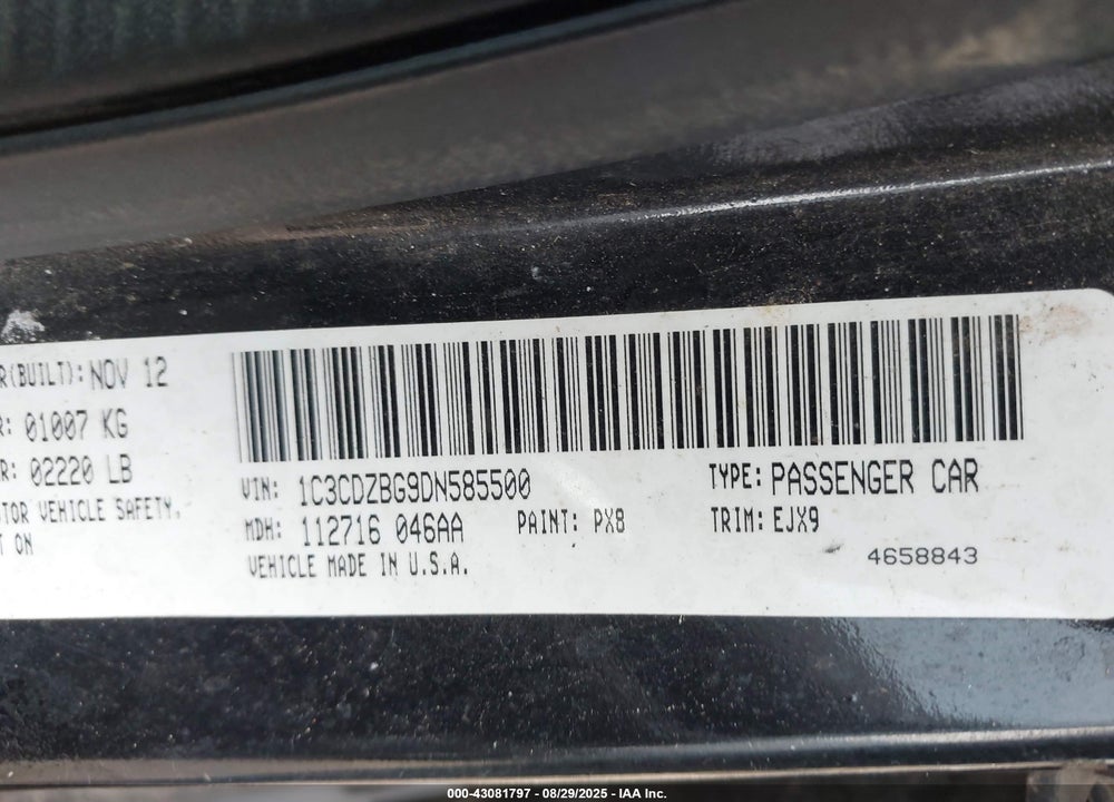 2013 DODGE AVENGER VIN: 1C3CDZBG9DN585500