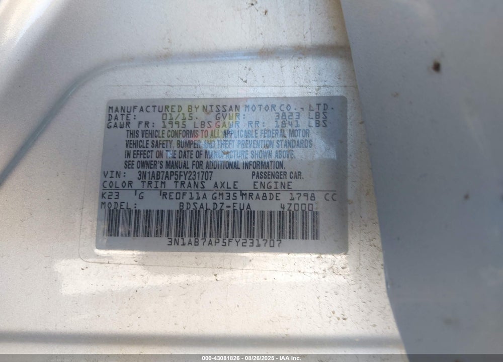 2015 NISSAN SENTRA VIN: 3N1AB7AP5FY231707