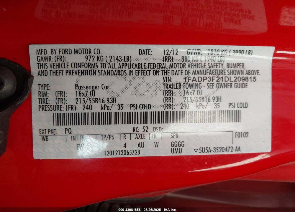 2013 FORD FOCUS VIN: 1FADP3F21DL209815