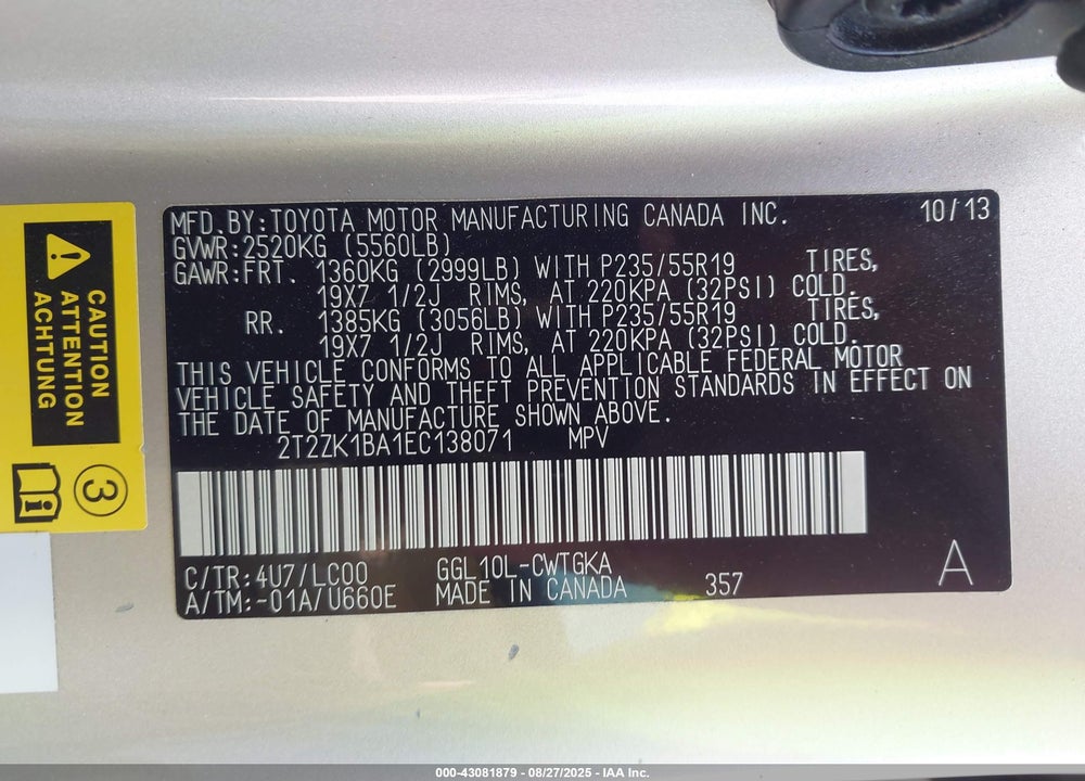 2014 LEXUS RX 350 VIN: 2T2ZK1BA1EC138071