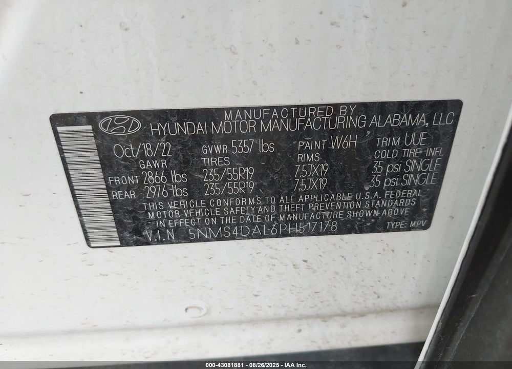 2023 HYUNDAI SANTA FE VIN: 5NMS4DAL6PH517178