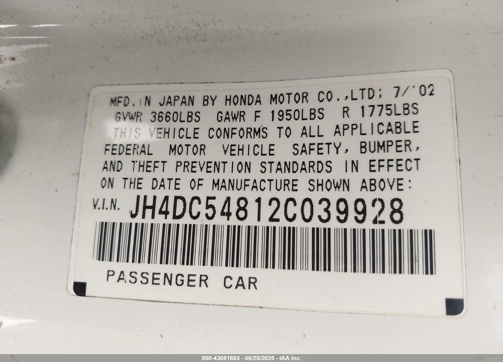 2002 ACURA RSX VIN: JH4DC54812C039928