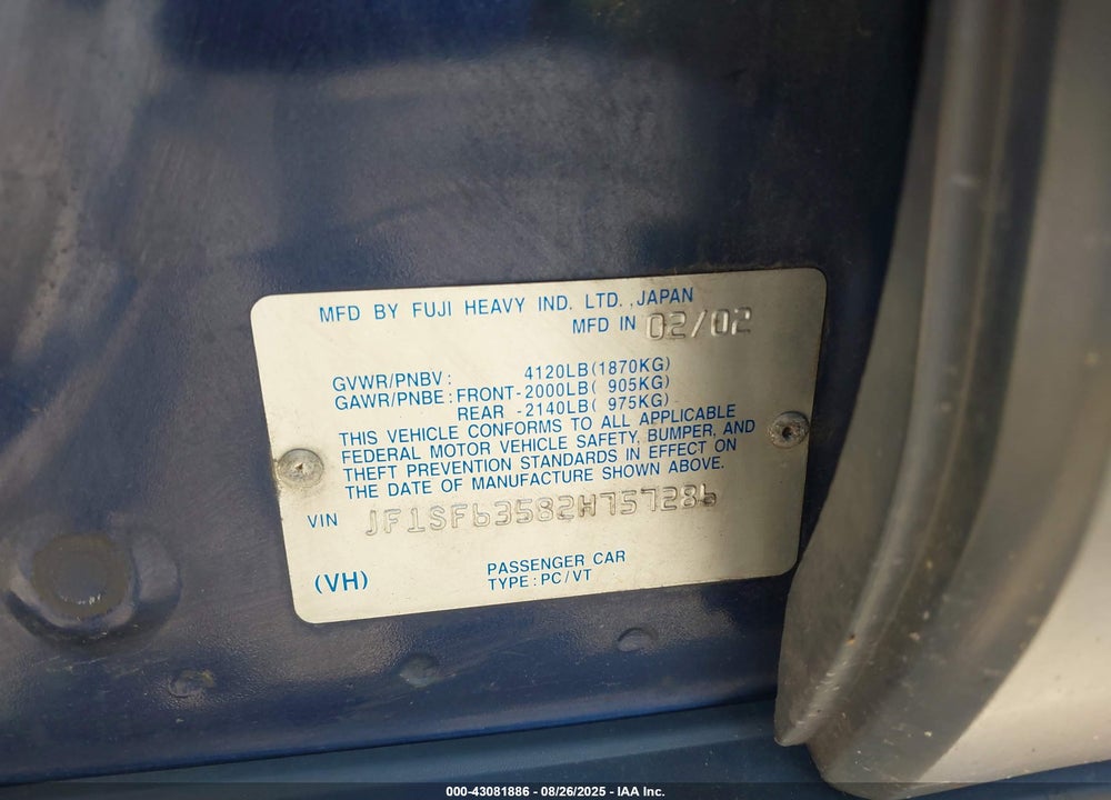 2002 SUBARU FORESTER L VIN: JF1SF63582H757286