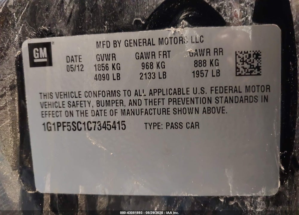 2012 CHEVROLET CRUZE VIN: 1G1PF5SC1C7345415