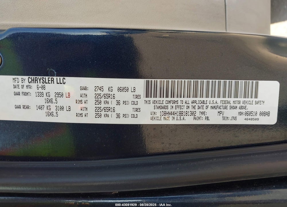 2008 DODGE GRAND CARAVAN VIN: 1D8HN44H18B181302