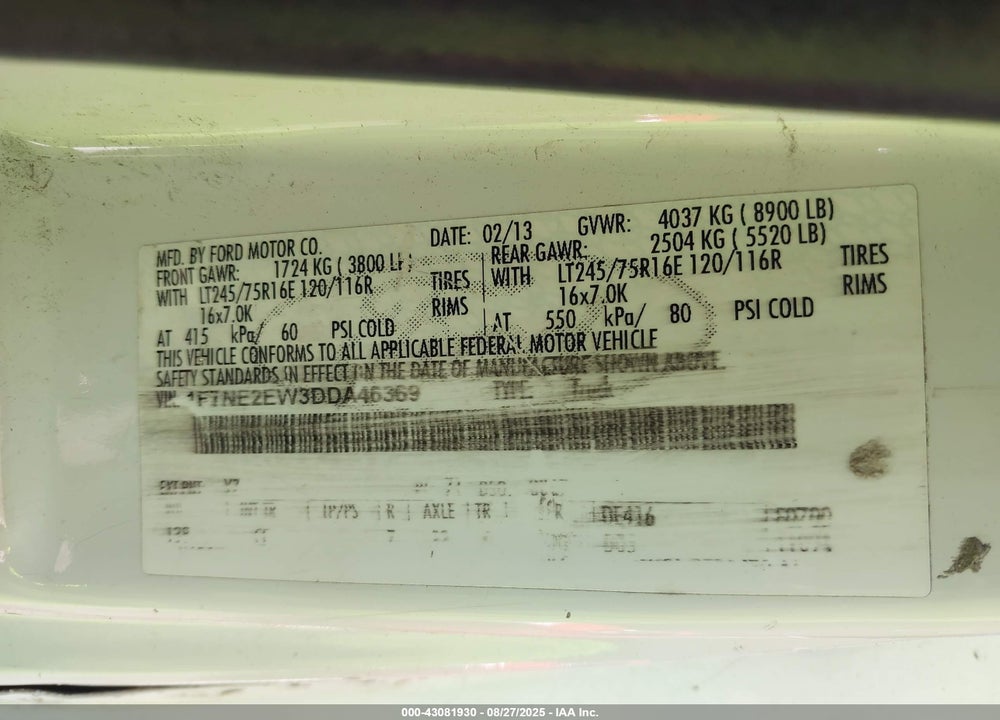 2013 FORD E-250 VIN: 1FTNE2EW3DDA46369