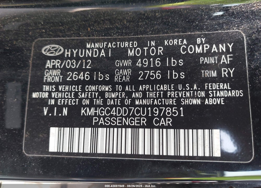 2012 HYUNDAI GENESIS 3.8 VIN: KMHGC4DD7CU197851