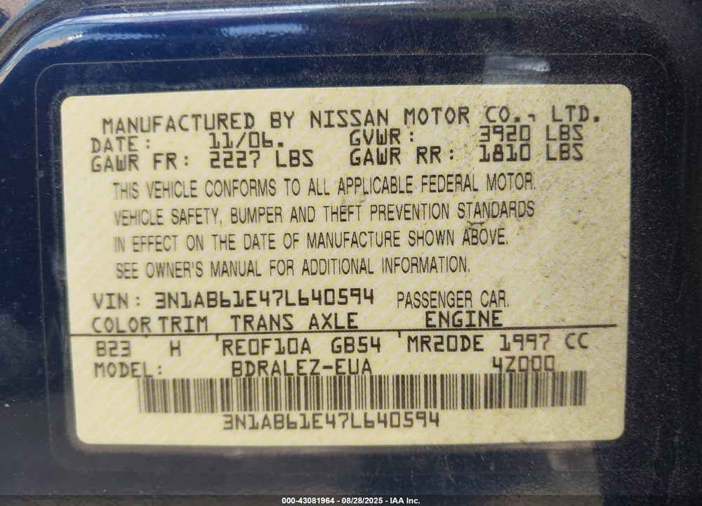2007 NISSAN SENTRA 2.0S VIN: 3N1AB61E47L640594