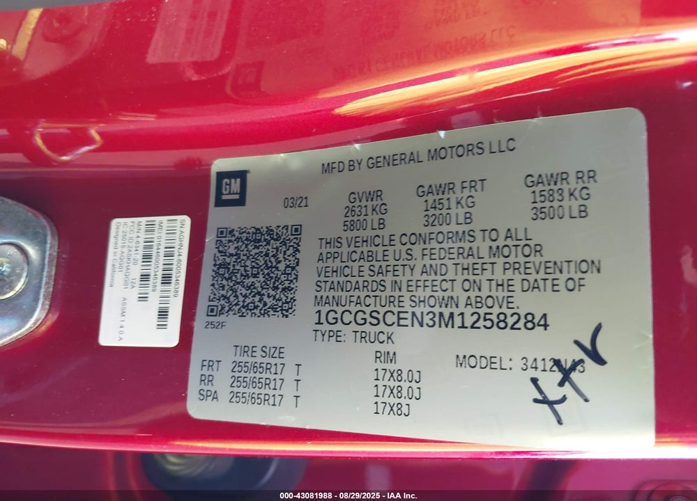 2021 CHEVROLET COLORADO 2WD SHORT BOX LT VIN: 1GCGSCEN3M1258284