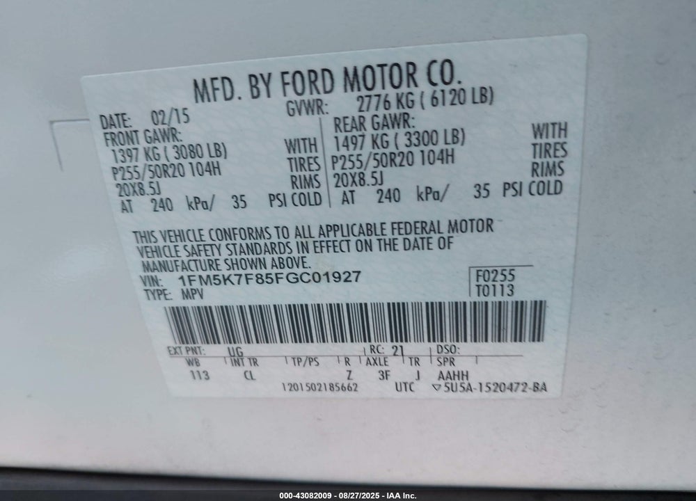 2015 FORD EXPLORER VIN: 1FM5K7F85FGC01927