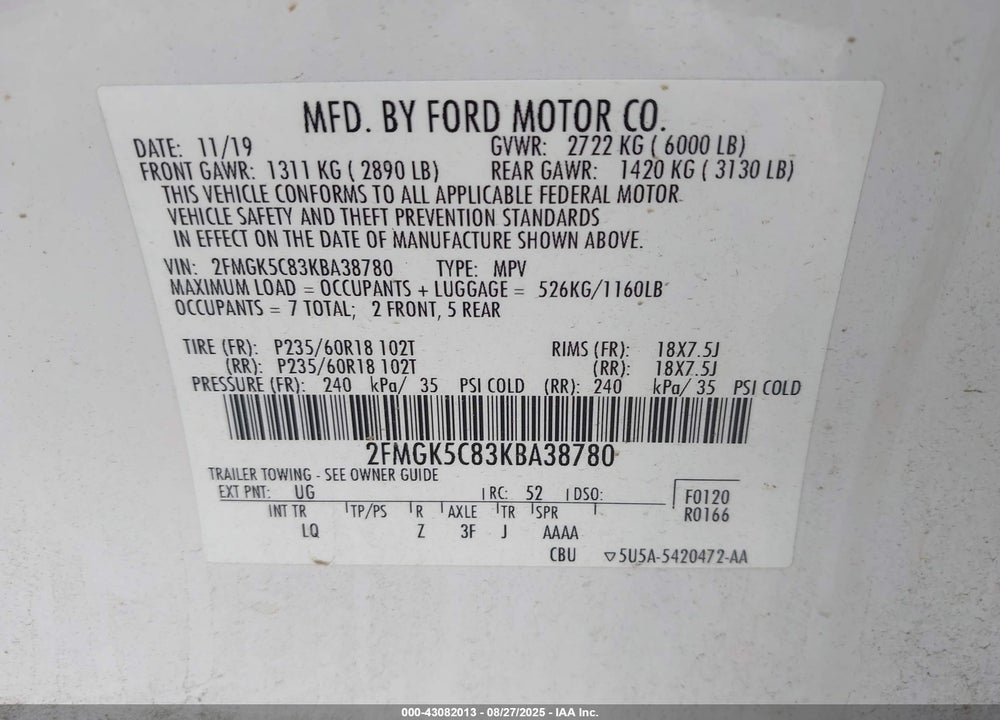2019 FORD FLEX VIN: 2FMGK5C83KBA38780