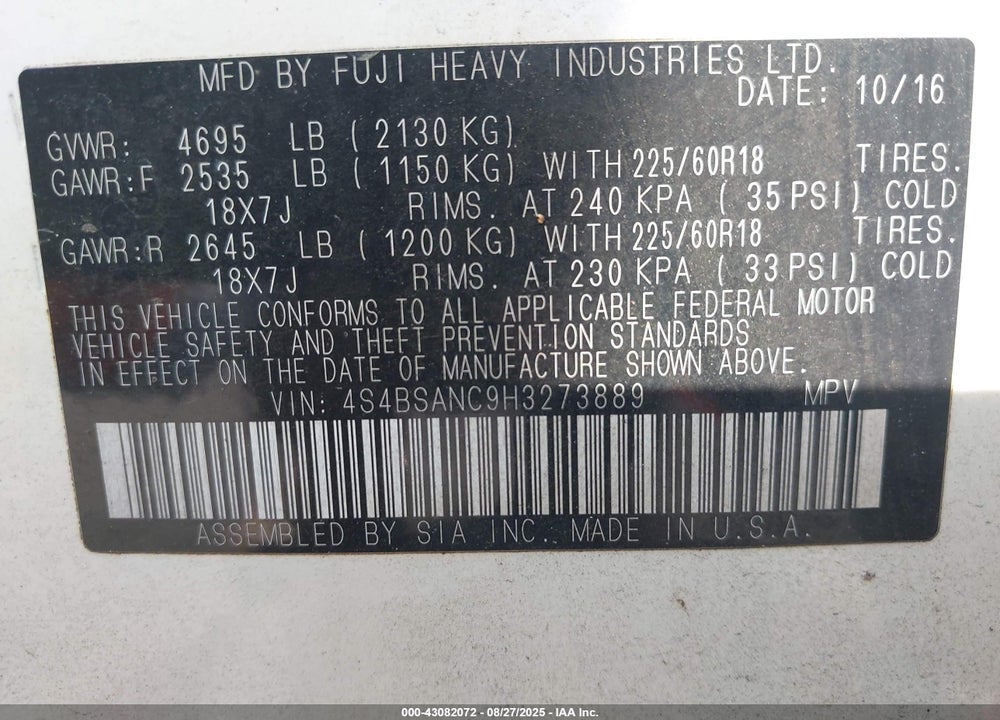 2017 SUBARU OUTBACK VIN: 4S4BSANC9H3273889