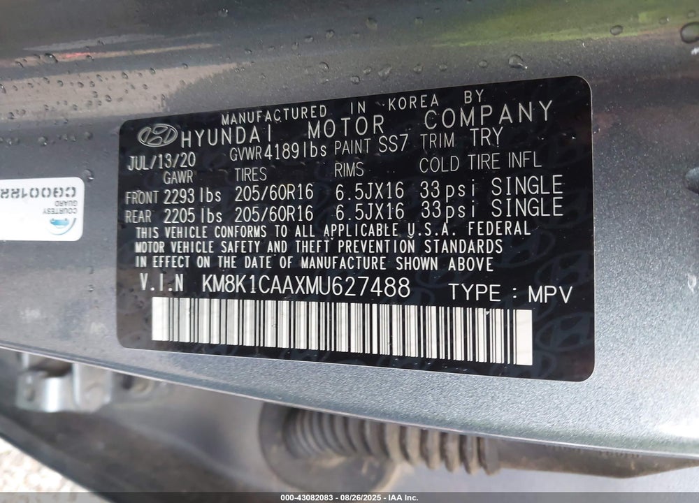 2021 HYUNDAI KONA SE VIN: KM8K1CAAXMU627488