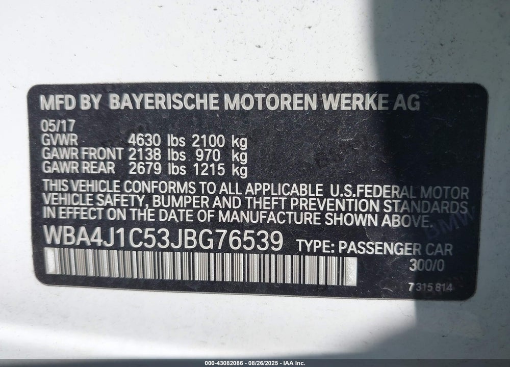 2018 BMW 4 SERIES VIN: WBA4J1C53JBG76539