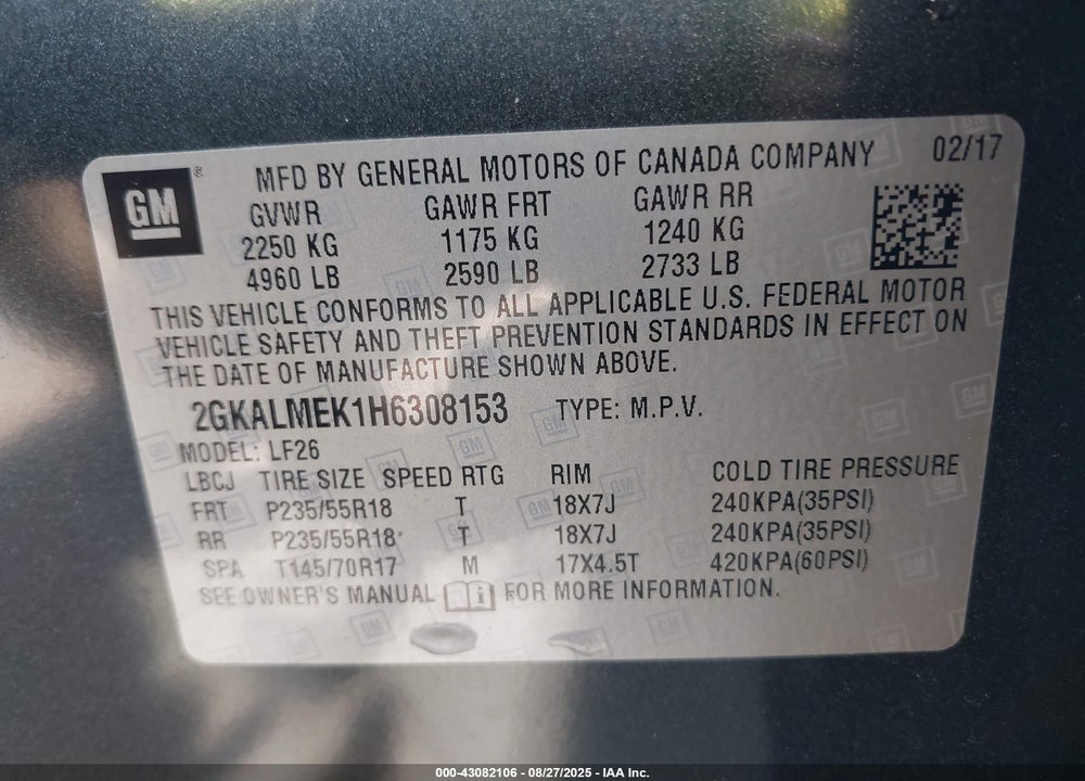 2017 GMC TERRAIN VIN: 2GKALMEK1H6308153