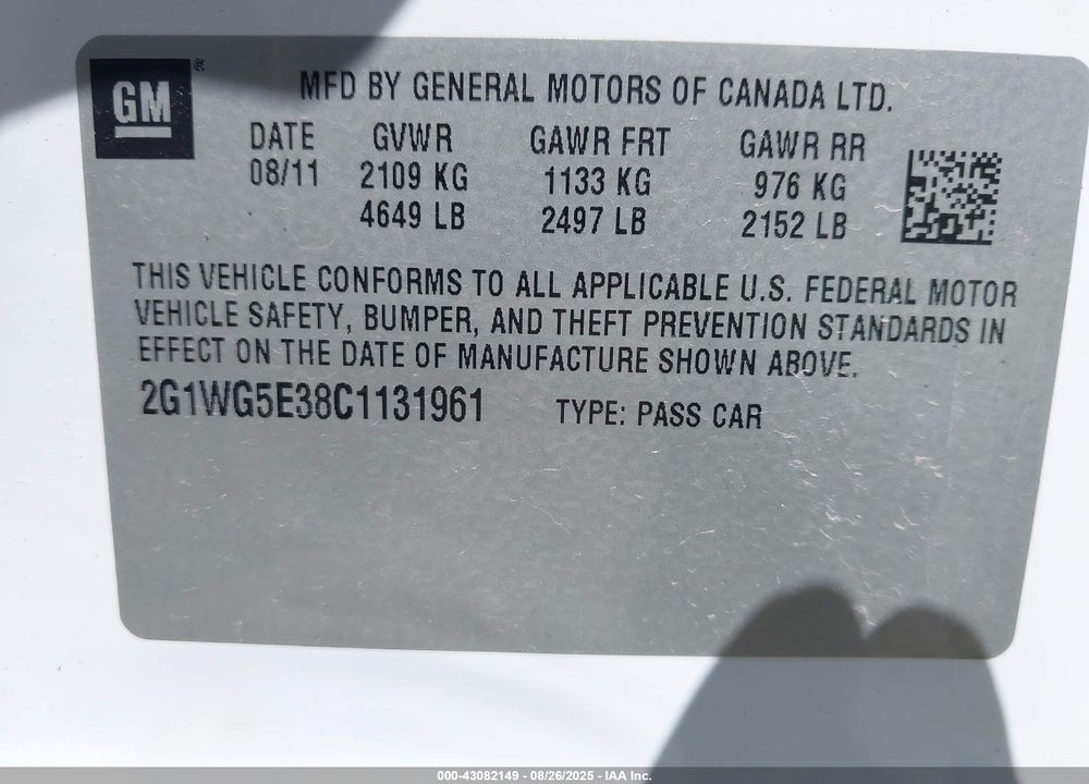 2012 CHEVROLET IMPALA LT VIN: 2G1WG5E38C1131961