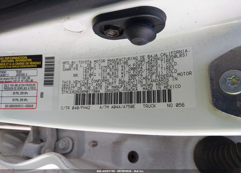 2006 TOYOTA TACOMA PRERUNNER V6 VIN: 3TMJU62N36M017904