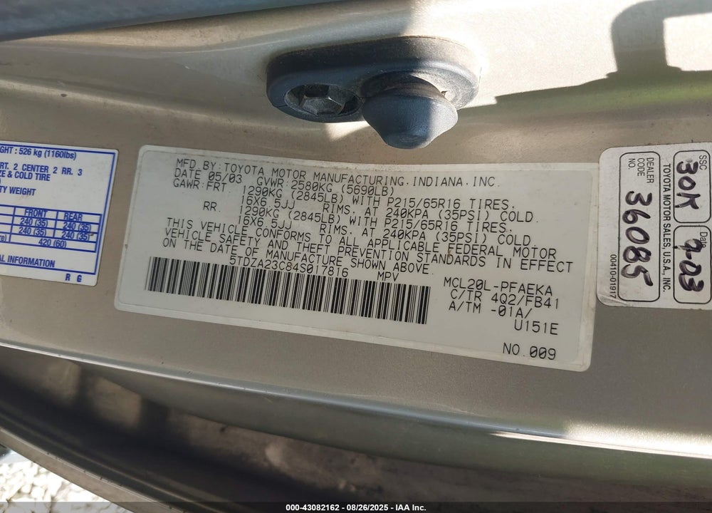2004 TOYOTA SIENNA LE VIN: 5TDZA23C84S017816