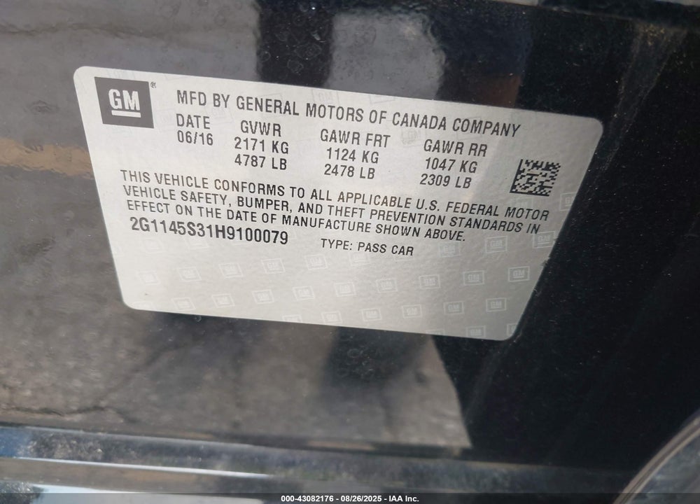 2017 CHEVROLET IMPALA VIN: 2G1145S31H9100079