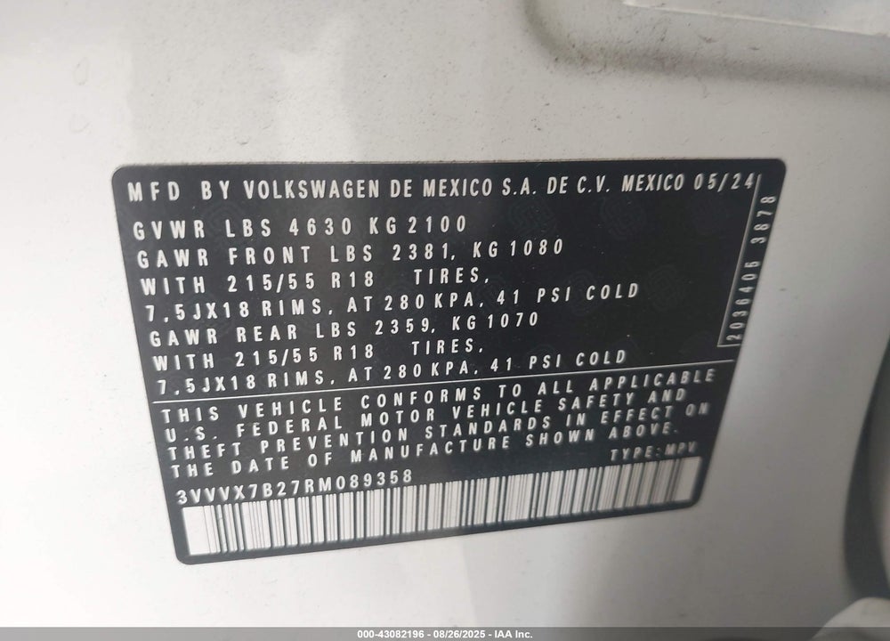2024 VOLKSWAGEN TAOS VIN: 3VVVX7B27RM089358