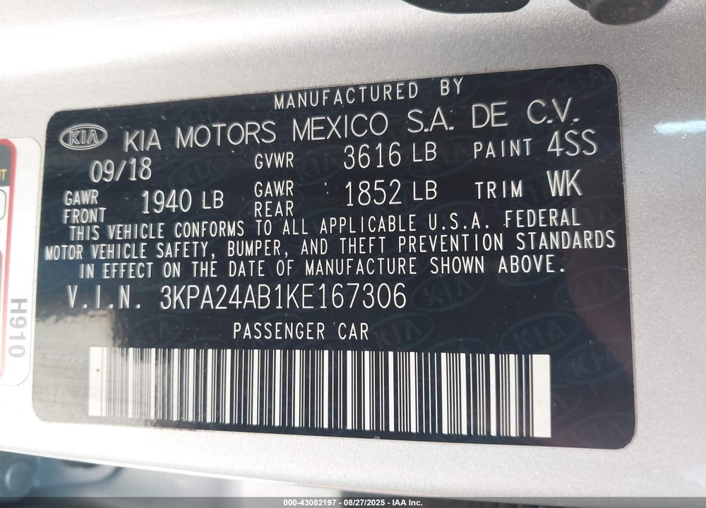 2019 KIA RIO S VIN: 3KPA24AB1KE167306