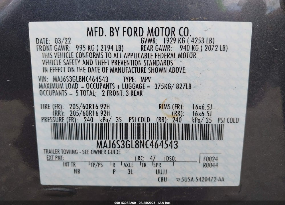 2022 FORD ECOSPORT SE VIN: MAJ6S3GL8NC464543