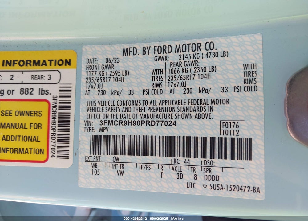 2023 FORD BRONCO SPORT VIN: 3FMCR9H90PRD77024