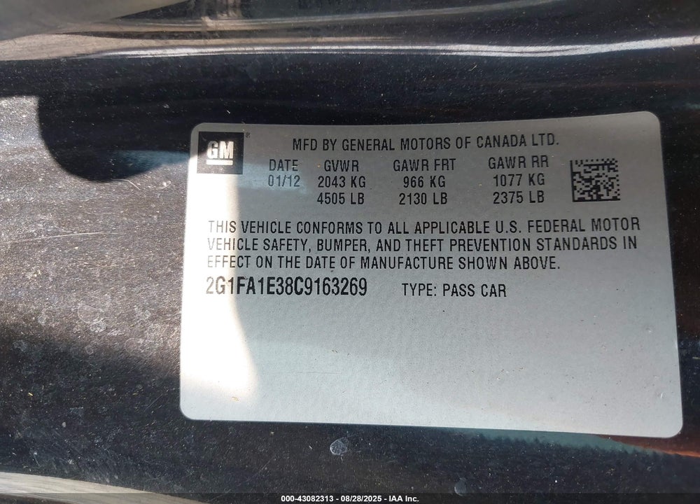2012 CHEVROLET CAMARO 2LS VIN: 2G1FA1E38C9163269